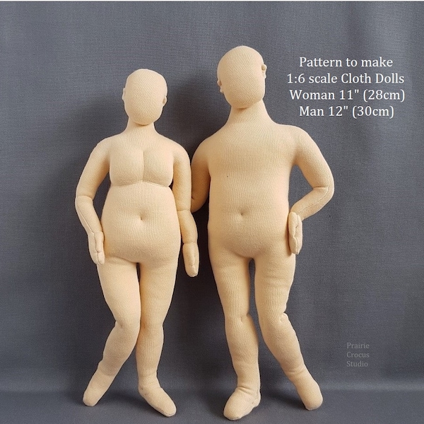 PDF sewing pattern 1:6 scale cloth dolls, DIY plus size man 12", woman 11", plump fashion dolls, miniature mannequins, English language