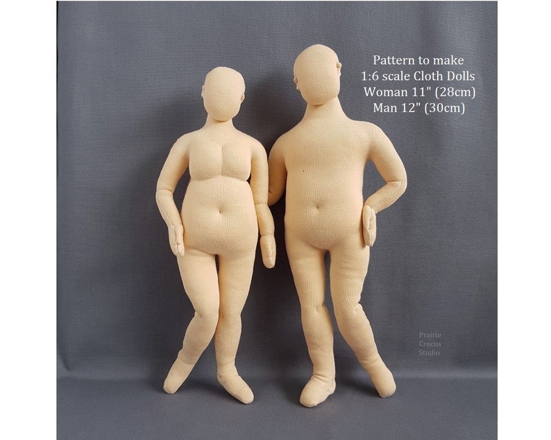 PDF sewing pattern 1:6 scale cloth dolls, DIY plus size man 12, woman 11, plump fashion dolls, miniature mannequins, English language image 1