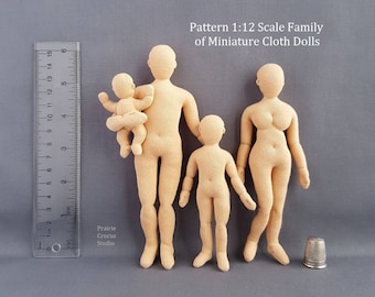 PDF sewing pattern 1:12 scale cloth doll family, DIY posable miniature dollhouse mannequins, English language