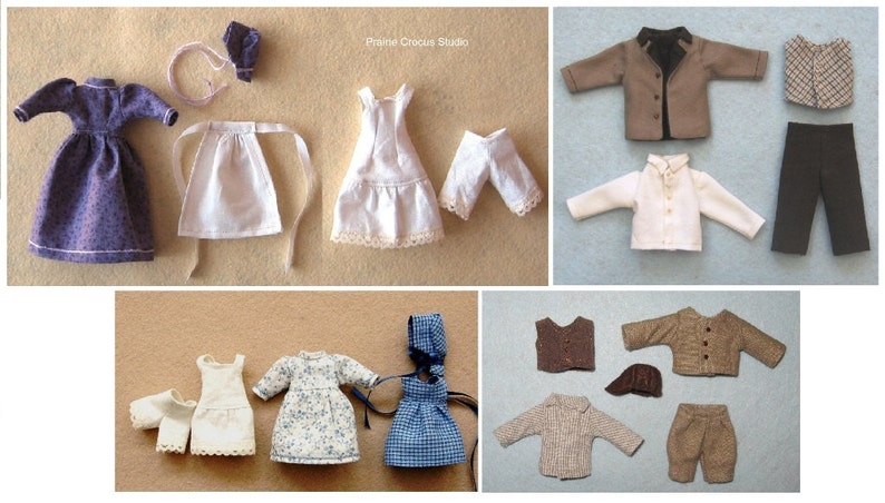 one inch scale miniature frontier style DIY prairie pioneer costumes PDF pattern 1:12 scale doll clothes