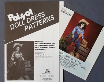 36” doll clothes sewing pattern, western cowgirl costume, bra blouse jeans boots, Poissot DPP218 DollCrafter DIY