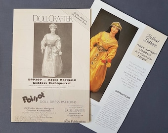 Sewing pattern for 27” doll clothes, Aztec Marigold Goddess Xochquetzal, dress belt apron necklace crown, Poissot DPP269, DollCrafter