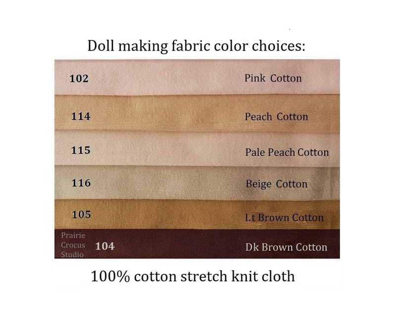 May include: Swatch card of 100% cotton stretch knit fabric in various shades of pink, peach, beige, and brown. The fabric swatches are labeled with numbers and names, including Pink Cotton, Peach Cotton, Pale Peach Cotton, Beige Cotton, Lt Brown Cotton, and Dk Brown Cotton.