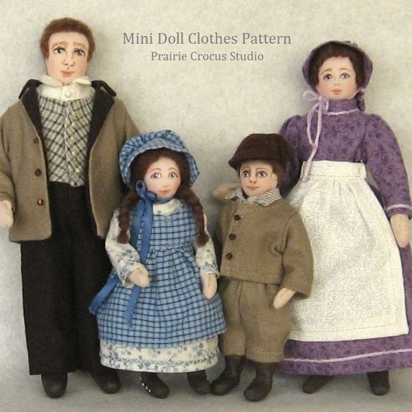 PDF sewing pattern 1:12 scale doll clothes, DIY prairie pioneer costume, inch scale miniature, dolls not included, English language