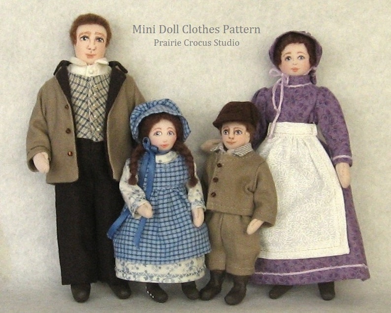 one inch scale miniature frontier style DIY prairie pioneer costumes PDF pattern 1:12 scale doll clothes
