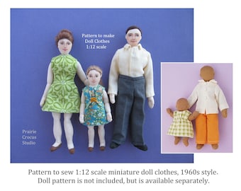 PDF sewing pattern 1:12 scale doll clothes, DIY 1960s style costumes, miniature sewing, English language