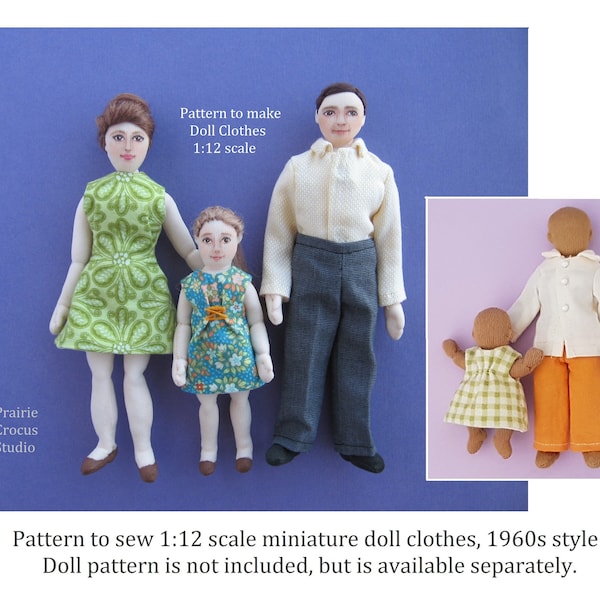 PDF sewing pattern 1:12 scale doll clothes, DIY 1960s style costumes, miniature sewing, English language