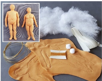 Kit 1:12 scale DIY 2 cloth dolls, plus size miniature mannequin, pre-sewn fabric, man 6" (15 cm), woman 5.5" (14 cm), handmade