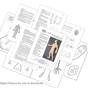 May include: A collection of white paper pages with illustrations and text, including a diagram of a human figure. The text includes "Digital Pattern for you to download."