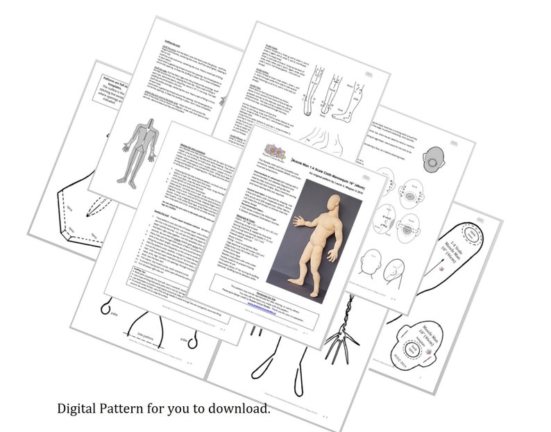 May include: A collection of white paper pages with illustrations and text, including a diagram of a human figure. The text includes "Digital Pattern for you to download."