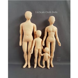 May include: Four unpainted cloth dolls in various sizes, standing on a gray surface. The dolls are all nude and have no facial features. The dolls are labeled "1:6 Scale Cloth Dolls".
