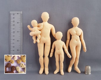 1:12 scale cloth doll family of posable miniature mannequins, optional faces, soft sculpture, handmade