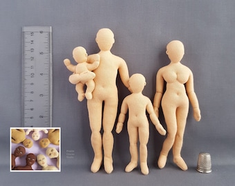 Famille de poupées miniatures en tissu à l'échelle 1:12, mannequins mobiles, visages en option, fait main