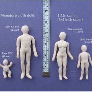 May include: Four unpainted cloth dolls in different sizes, including a baby, child, and two adults. The dolls are 1.75 inches, 3 inches, 4 inches, and 4.5 inches tall. The dolls are on a purple background with a ruler for scale. The text "1:16 scale (3/4 inch scale)" is written above the dolls.