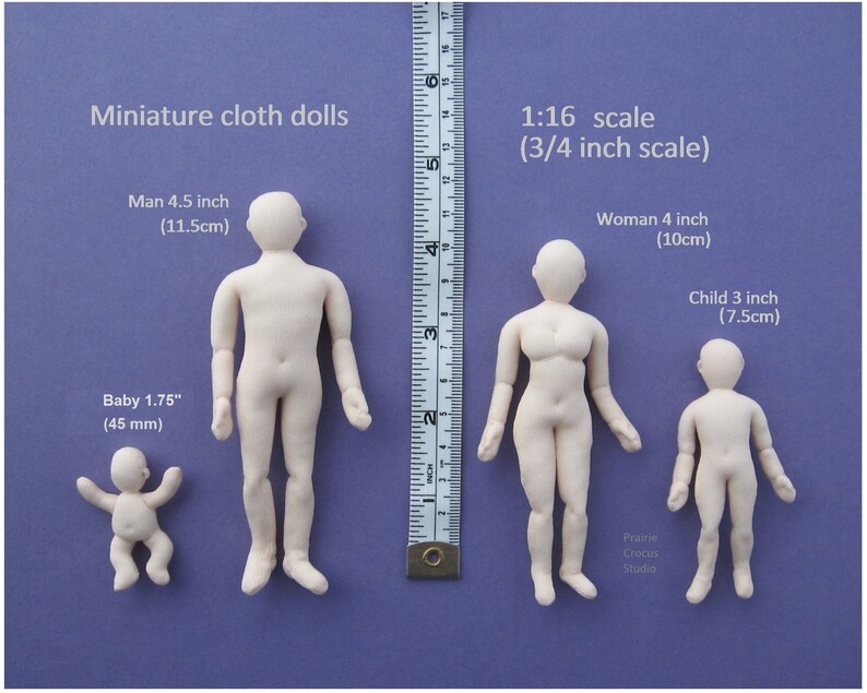 May include: Four unpainted cloth dolls in different sizes, including a baby, child, and two adults. The dolls are 1.75 inches, 3 inches, 4 inches, and 4.5 inches tall. The dolls are on a purple background with a ruler for scale. The text "1:16 scale (3/4 inch scale)" is written above the dolls.