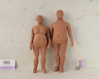 1:6 scale cloth dolls, set of 2 plus size posable miniature mannequins, 12" man 30 cm, 11" woman 28 cm, blank soft sculpture, handmade