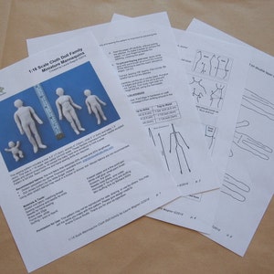 May include: A set of printable patterns for making 1:16 scale cloth doll family mannequins. The patterns include a man, woman, child, and baby. The instructions include a list of recommended fabrics and materials.