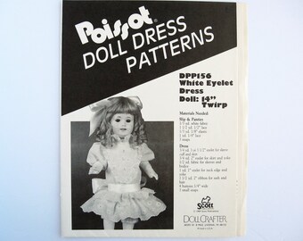 Doll clothes pattern for 14” Twirp doll, white eyelet dress, Poissot DPP156, historical fashion heirloom sewing pattern destash.