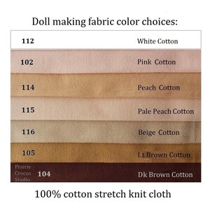 May include: Swatch card of 100% cotton stretch knit fabric in eight colors: white, pink, peach, pale peach, beige, light brown, dark brown. Fabric color choices are labeled with numbers: 112, 102, 114, 115, 116, 105, 104.
