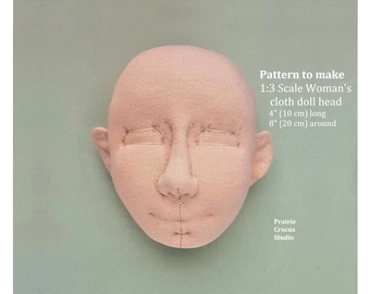Patron de couture PDF à l'échelle 1:3, tête de poupée en tissu 4 pouces de haut 10 cm, sculpture souple DIY femme visage, elfe et oreilles humaines, langue anglaise