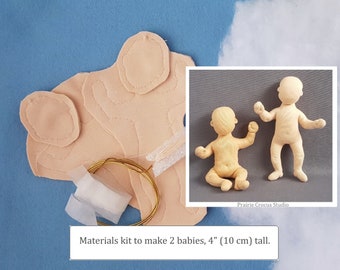 Kit 1:6 scale 4 inch cloth dolls (10 cm), 2 pre-sewn fabric body parts, DIY posable baby dolls, soft sculpture, handmade
