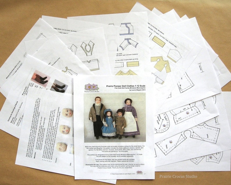 one inch scale miniature frontier style DIY prairie pioneer costumes PDF pattern 1:12 scale doll clothes