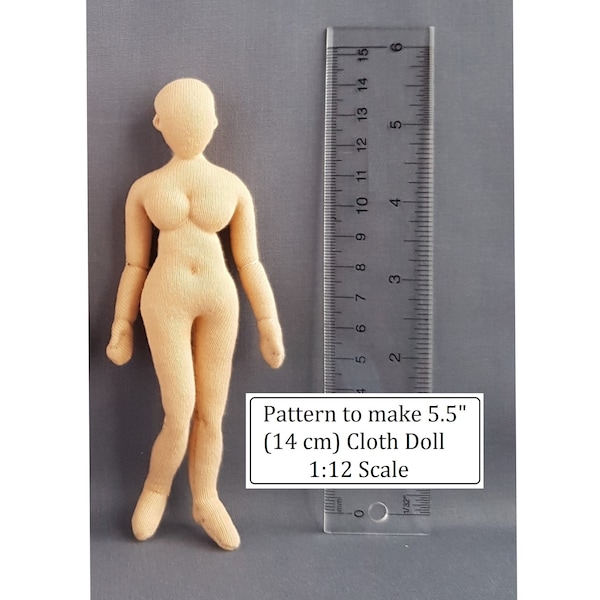Modello di cucito PDF scala 1:12 bambola di stoffa donna 5,5 pollici 14 cm, manichino in miniatura snodabile fai da te, lingua inglese