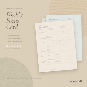 Weekly Focus Card for Coaching Clients, Editable Word & Google Docs, Weekly Goals Worksheet, Habit Tracker, 6 Earthy Colors, PDF