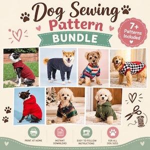 Hundmönsterpaket i PDF-format, 6+ hundklädmönster, hundtröjor, pyjamasar, tröjor, jackor, toppar och jumpermönster, gör-det-själv-husdjurskläder