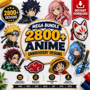 Może przedstawiać: Cyfrowa kolekcja 2800+ wzorów haftu anime z różnymi postaciami, maską lisa i symbolem czerwonej chmury. Centralny tekst brzmi MEGA BUNDLE 2800+ ANIME EMBROIDERY DESIGNS z ikonami dotyczącymi haftu maszynowego i pobierania plików.