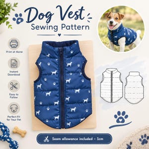 May include: A blue dog vest sewing pattern featuring a white dog and paw print motif, a front zipper, and a high collar. The image includes text labels, a diagram of the vest, and a photo of a dog wearing the finished quilted garment.