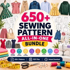 May include: A digital bundle of 650+ sewing patterns featuring various clothing items like dresses, jackets, pants, and bags. The image displays technical sketches, a sewing machine, a yellow measuring tape, scissors, and thread spools.