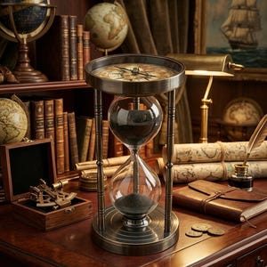 May include: A brass hourglass with black sand sits on a desk. The top of the hourglass features a circular compass dial with a needle. The frame consists of four vertical pillars connecting the circular base and the top compass housing.