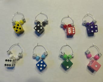 Colored Dice Wine Charms / Glass Identifiers  (set of 8)