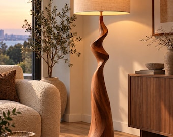 Sculptural Wooden Floor Lamp, Twisted Walnut Standing Lamp, Modern Organic Wood Lighting, Japandi Living Room Decor