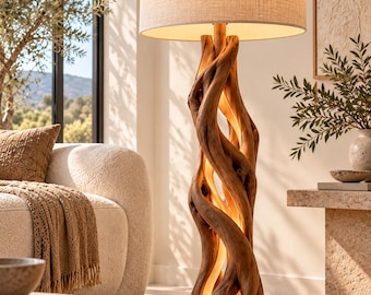Sculptural Driftwood Floor Lamp, Botanical Shade, Rustic Boho Lighting