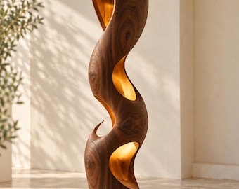 Lampada da terra scultorea in legno, finitura noce, lampada a piantana ritorta, decorazione per soggiorno in stile giapponese