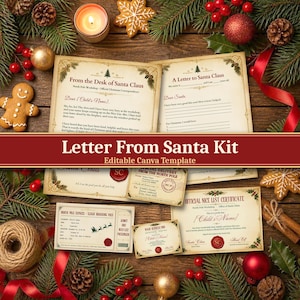 May include: A Letter From Santa Kit featuring multiple printable templates on aged paper. Includes a letter from Santa, a letter to Santa, a Nice List certificate, a North Pole Express boarding pass, and a special delivery envelope label.