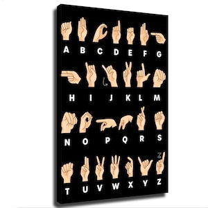 May include: A black rectangular wall art print featuring the American Sign Language alphabet. Each letter from A to Z is displayed in white, accompanied by a corresponding illustration of a hand performing the specific sign for that letter.