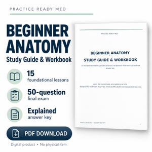 Beginner Anatomy Study Guide PDF | 53-Page Human Anatomy Workbook, 15 Lessons, 50-Question Final Exam & Answer Key | Healthcare Students