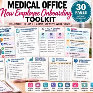 May include: A medical office new employee onboarding toolkit featuring 30 pages of printable and editable documents. The set includes checklists, training plans, and communication scripts for insurance verification, billing, and administrative workflows.