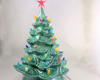 Large Vintage Style Glazed Ceramic Christmas Tree -16 inches with base, hand made, painted, pine tree