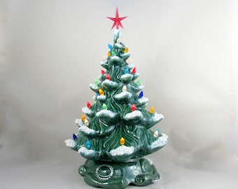 Large Vintage Style Glazed Ceramic Christmas Tree with kiln fired snow-16 inches with base, hand made, painted, pine tree