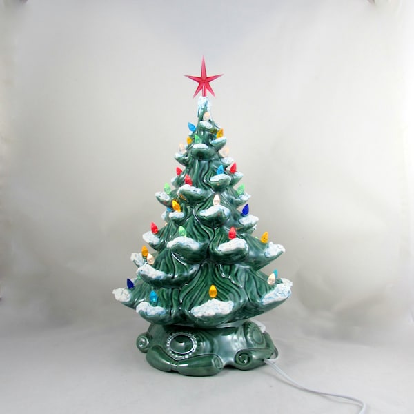 Large Vintage Style Glazed Ceramic Christmas Tree with kiln fired snow-16 inches with base, hand made, painted, pine tree