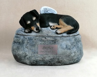 Ceramic Custom Breed Two Piece  Painted Dog Urn with a Name Plate-hand made urn-custom painted-contact us prior to placing order.
