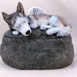 Ceramic Engraved Custom Siberian Husky Painted Cremation Urn - hand made pet urn with engraving directly on the urn.