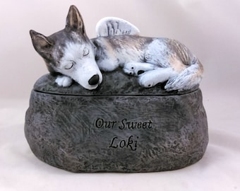Ceramic Engraved Custom Siberian Husky Painted Cremation Urn - hand made pet urn with engraving directly on the urn.