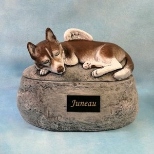 Ceramic Engraved Custom Siberian Husky Painted Cremation Urn with name plate- hand made pet urn