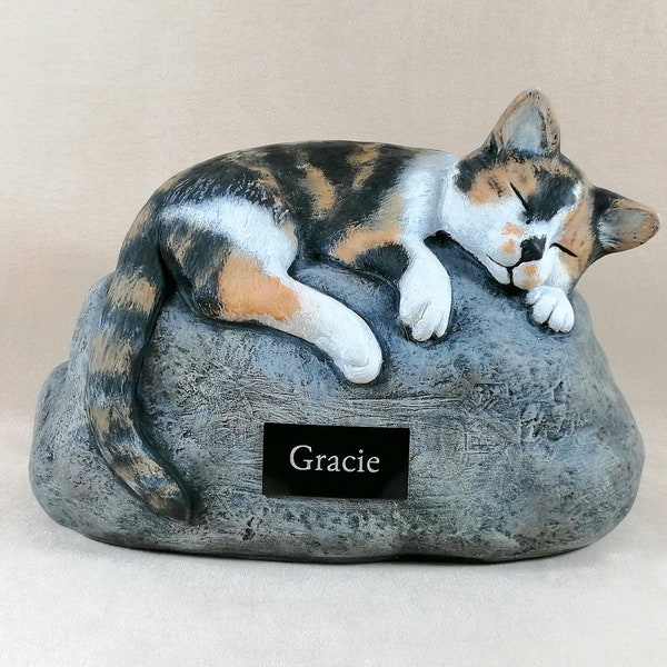 Ceramic Engraved Painted Bottom Loading Cat Cremation Urn with engraved name plate- hand made pet urn