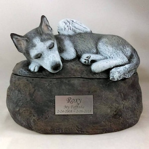 Ceramic Engraved Custom Siberian Husky Painted Cremation Urn with name plate- hand made pet urn